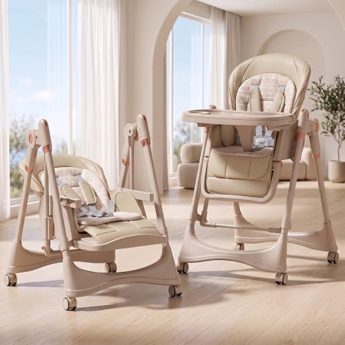 Image of StarAndDaisy 2-in-1 Swing Royal High Chair for Baby, 5-Level Height Adjustable Feeding Chair with 3-Position Recline, Dual-Layer Removable Tray, 5-Point Safety Harness, Adjustable Footrest & Lockable Wheels
