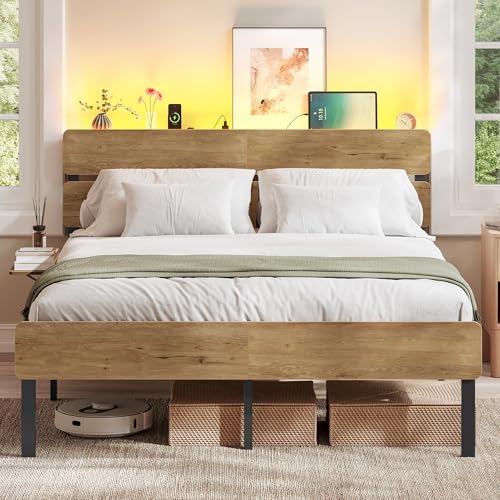 VASAGLE Doppelbettgestell Bett 140 x 200 cm Metallrahmen LED-Beleuchtung USB-A- und USB-C-Anschluss Unterbettaufbewahrung Industrie-Stil einfache Montage naturbraun RMB104HC01