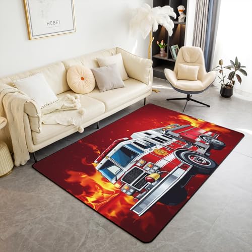 Fire Truck Rug 4x5, Non-Slip Firefighter Vehicle Decor