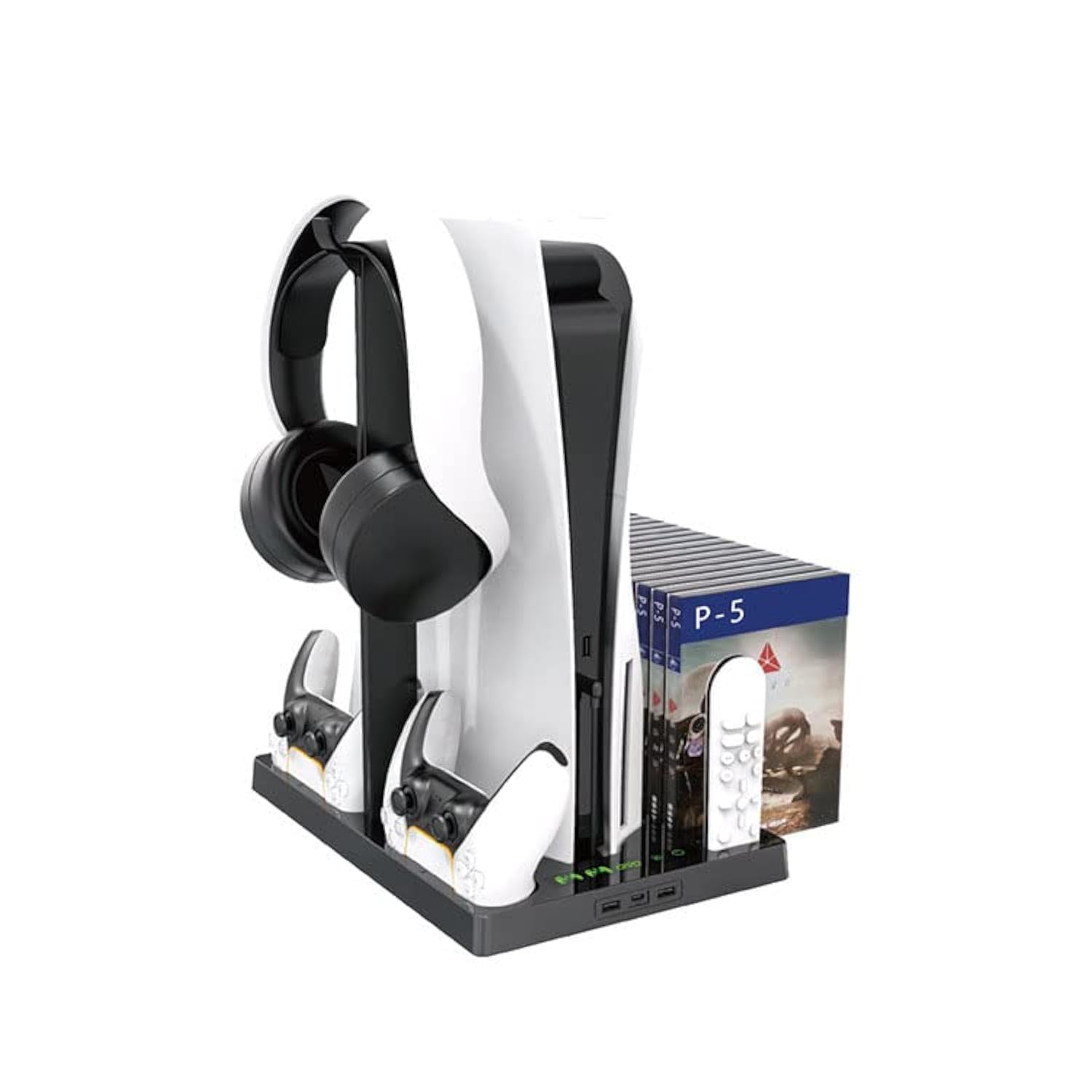 Estación de carga multifuncional para controlador PS5 con LED, base de refrigeración multifuncional, estación de carga dual para PS5 con soporte para auriculares (negro, PS5) IV-P5246