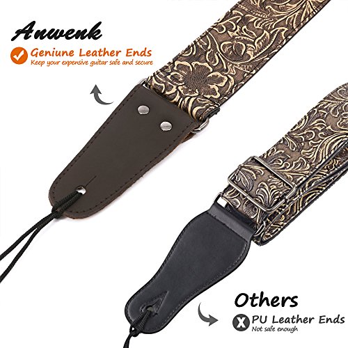 Image of Anwenk Guitar Strap, Stamped Leather Guitar Strap PU Leather Western Vintage 60's Retro Strap with Genuine Leather Ends for Electric Bass Guitar, with Tie,Include 2 Picks,Bronze