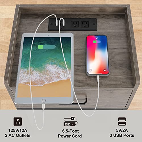 Oyeal Gray Night Stand With Charging Station 2-Tier Side Tables Bedroom With Drawer Small Bedside Table With Usb Ports And Outlets For Bedroom Living Room, Rustic Grey #TOP3