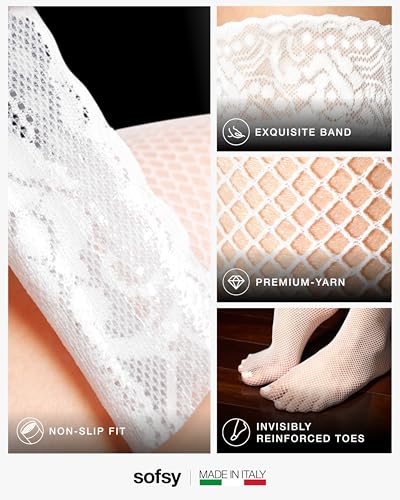 Image of sofsy Italian-Made Soft Fishnet Stockings for Women | 10-Year Hosiery Craftsmanship, Soft Dual Silicone Lace Top, Thigh Highs, Small Grid, Dig-Free, Stretchy