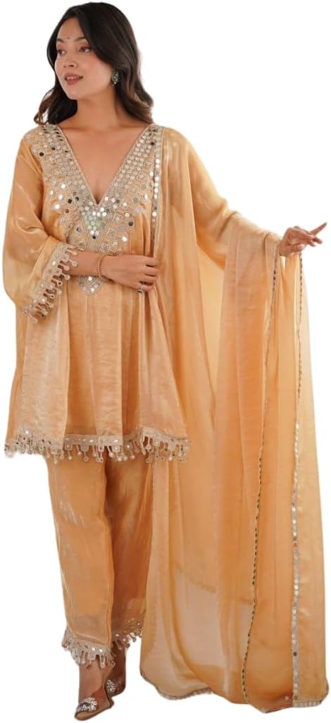 Women’s Fendy Fabric Kurti Pant Set with Dupatta Mirror Embroidered Lace Work Party Wear Outfit