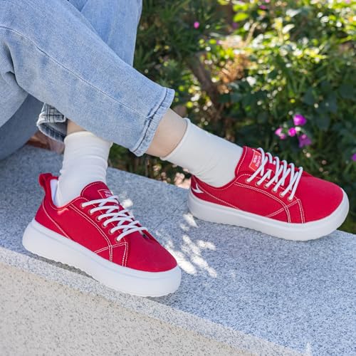 Image of Womens Wide Toe Box Shoes Walking Sneakers Slip On Canvas Shoes Comfortable Platform Shoes for Casual Red US 7
