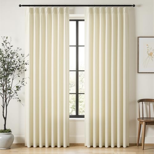 90 Inches Long Pinch Pleated Semi Sheer Curtains,Cream Linen Blended Light Filtering Window Curtains 90 Length 2 Panels for Living Room Bedroom Pinch Pleat Drapes with Hooks 2 Panels