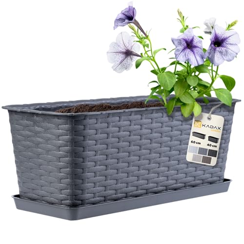 KADAX Blumenkasten 40 cm Grafit mit Untersetzer, Rattan-Optik – Pflanzkübel für Balkon oder Fensterbank, dekorativer Balkonkasten