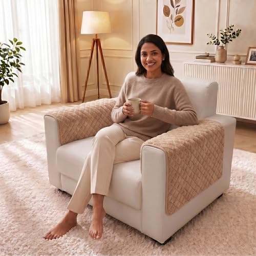Image of Story@Home Premium Quilted Sofa Armrest Covers | Anti-Slip Armrest Covers for Sofa | 1 Pair - 70(D) x 50(L) cm - Beige