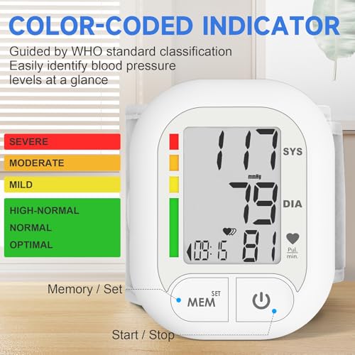 Blood Pressure Monitor Adjustable Wrist Cuff for Home Use Automatic BP Machine Large Digital LCD Display 199 Memory Batteries Included with Carrying Case, White