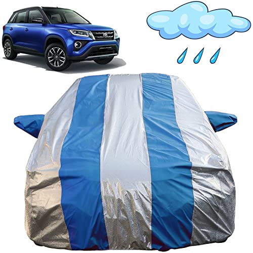 Image of Autofact Waterproof Car Body Cover Compatible with Toyota Urban Cruiser with Mirror Pockets (Blue Stripes with Shinning Silver Fabric /Waterproof Cover)