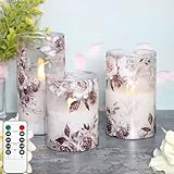 Rose LED Flameless Glass Candles Set with Remote Control & Timer Function - Floral Design Battery Operated candles - Home Farmhouse Holiday Spring Easter Decorations - Set of 3 (D3 X H4 5' 6')