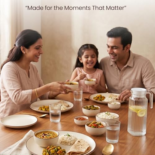 Image of The Earth Store Creme Ceramic Dinner Set, 25 Pieces for 6 with Dinner Plates, Veg Bowls, Spoons & Jug | Microwave & Dishwasher Safe | Bone-Ash Free Dinner Set for Dining Table & Gifting