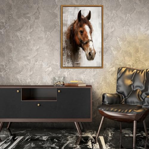 Image of Horse Canvas Wall Art Framed Rustic Horse Portrait Prints Painting Western Horse Pictures Wall Decor Vintage Farmhouse Country Animal Artwork for Living Room Bedroom Office Home Decorations 24x36