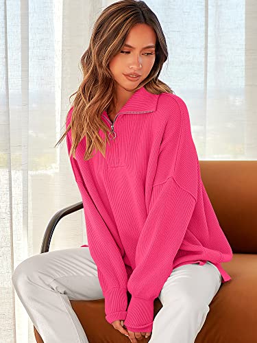 Image of ANRABESS Womens Oversized Quarter Zip Pullover Sweaters | Fall Fashion Outfits, Long Sleeve Slit Side, Baggy Loose Fit, 1 /4 Zip Lapel Collared, Ribbed Knit Soft Warm Winter Clothing
