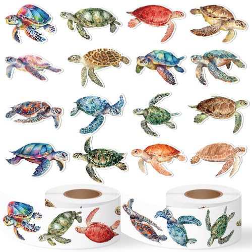 Image of Watercolor Ocean Turtle Sticker - 1000 Pcs Sea Turtle Waterproof Vinyl Reusable Laptop Sticker Roll Coloring Book Scrapbook Water Bottle Page Activity Pad Party Favors Gift Warping Skateboard