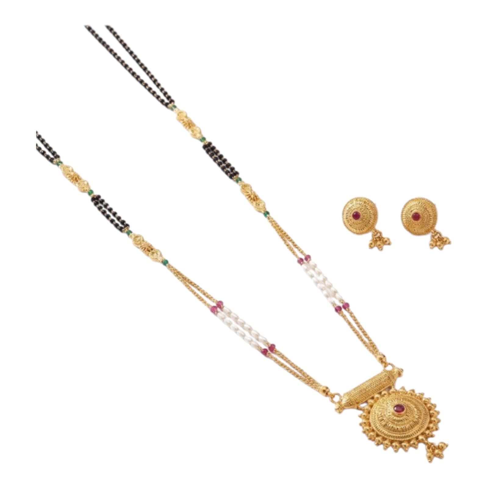 Traditional Gold-Plated Mangalsutra Necklace Set with Earrings | Black Beads Chain with Pearl & Ruby Accents | Classic Maharashtrian Jewelry-image-5