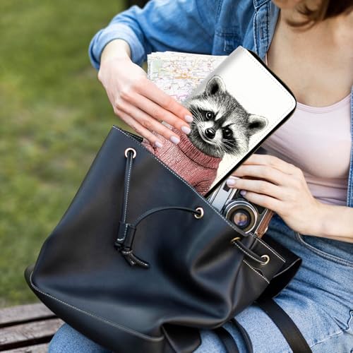 Womens Wallet, PU Leather RFID Cute Wristlet Wallets for Girls Women Ladies Purse Large Credit Card Clutch Purse Card Holder Coin Pocket Travel Wallets with Zipper, Art Cute Raccoon 6