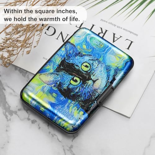 Image of ELFISH Mini RFID Aluminum Wallet Credit Cards Holder Business Card Case Metal ID Case for Men Women(Blue Cat)