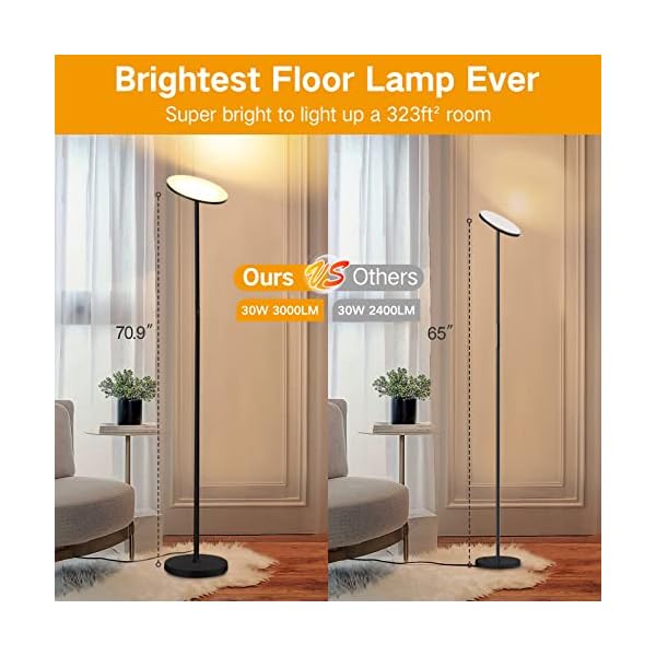 OUTON Floor Lamp, 30W/3000LM LED Modern Torchiere Sky Lamp, Super Bright Dimmable Standing Tall Lamp with 4 Color Temperatures, Remote Touch Control, 1 Hour Timer for Living Room Bedroom Office, Black - Image 6