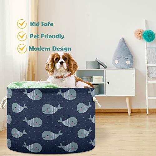Image of visesunny Storage Basket Whale Cartoon Nursery Hamper Canvas Fabric Toy Storage Organizer Bin Storage Box Laundry Basket for Kid Rooms,Playroom,Shelves,Toy Basket