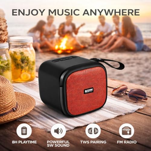 Image of KDM 30 DotCom Portable Bluetooth Speaker, 5W Clear Sound, 8H Playtime, TWS Pairing, FM Radio, Hanging Strap, USB /TF, Type-C Charging, Compact Design,Red