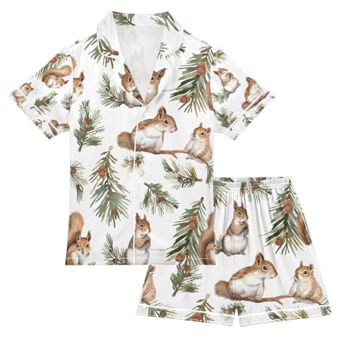 senya Squirrels on Nut Branches Satin Summer Pajama Sets Silk Short Sleeve Button Down Sleepwear