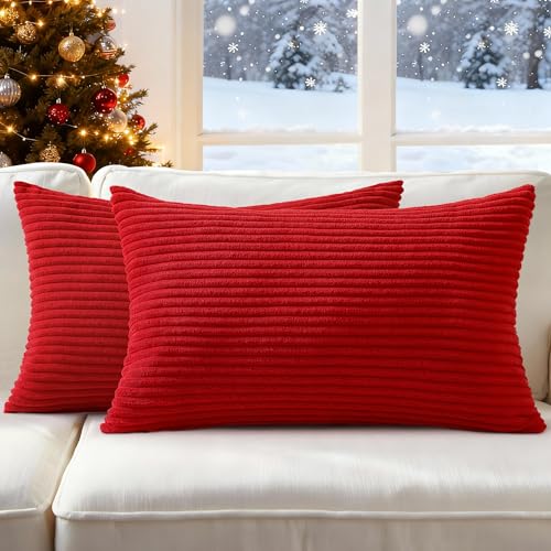 Image of Mecatny Corduroy Throw Pillow Covers 12x20 Set of 2 Christmas Red