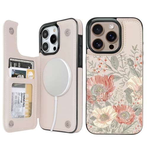 Image of uCOLOR for iPhone 13 Pro Wallet Case Magsafe with Card Holder Slot【Compatible with MagSafe】 Folio Flip PU Leather RFID Blocking Design (Pink Vintage Flowers, iPhone 13 Pro)