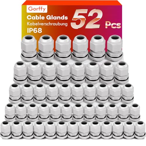 52 Stück Kabelverschraubung Set, Gorffy IP68 Kabeldurchführung Wasserdicht M12 M16 M20 M25, Kabelverschraubungen für Outdoor Garten Schaltkasten Abzweigkasten, Kunststoff Nylon Kabeldurchführungen