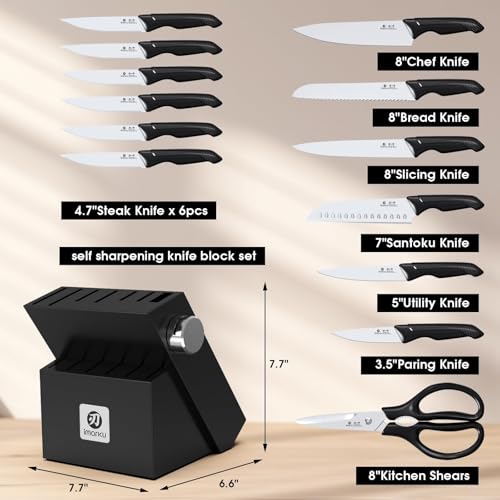 Image of imarku Knife Set with Block, Sharp Knives Set with Built-in Sharpener, Stainless Steel Kitchen Knife Sets with Non-Slip Ergonomic Handle, Dishwasher Safe, 14 PCS Professional Knife Set for Gift, Black