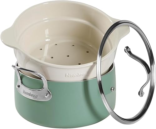 Bloomhouse Horno holandés de aluminio de calibre pesado de 6 cuartos de galón con interior de cerámica antiadherente no tóxico e inserto de vapor de