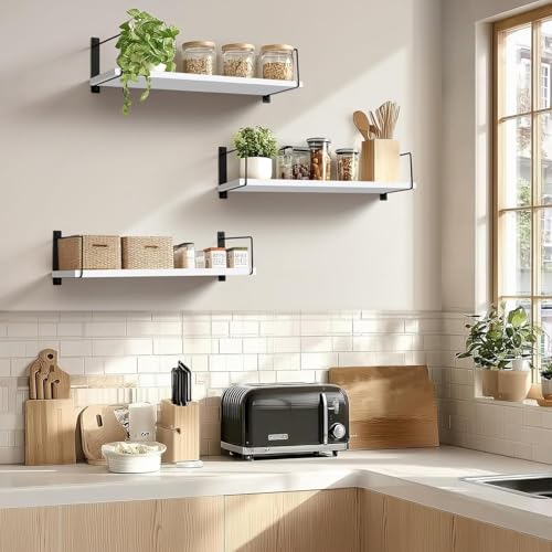 Image of Wall Mounted Bathroom Shelves Set of 3, White Rustic Wood Floating Shelves with Metal Brackets, Wall Storage Rack for Toiletries Organizer Washbasin Kitchen Living Room (White 2)
