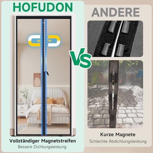 HOFUDON Fliegengitter Tür 90x200 cm, Ganze Durchgehender Magnetverschluss ohne Lücken für Fiberglas Insektenschutz Fliegengitter Balkontür Magnet ohne Bohren, Reißfest, Wetterfest, 4cm Klettband Oben