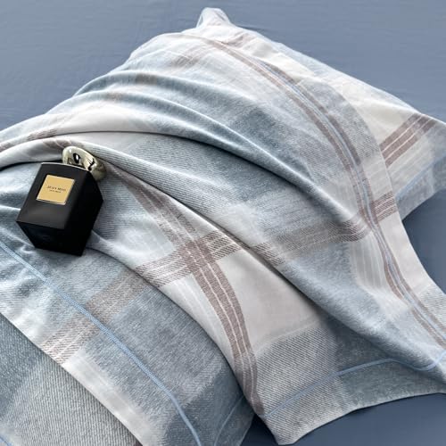 Image of VM VOUGEMARKET Blue Plaid Duvet Cover Queen,3 Pieces Soft Brushed Cotton Duvet Cover Set,Simple Modern Teen Boys Gingham Bedding Set Without Comforter-90x90 Inch