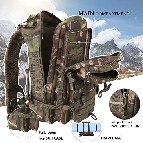 Image of Hannibal Tactical MOLLE Assault Backpack, Tactical Backpack Military Army Camping Rucksack, 3-Day Pack Trip w /Patch, D-Rings, Woodland
