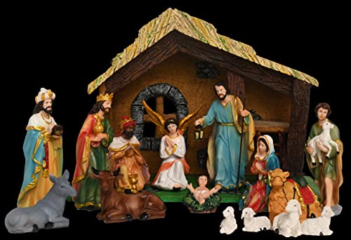 Image of KariGhar Resin Crib Set Idol Statue for Christmas Nativity Scene, Pack - Crib House, Mary, Joseph, Baby Jesus, Angel, 3 Wise Men, the Shepherd, 7 Animals, Set of 16 Pieces, 5 Inch