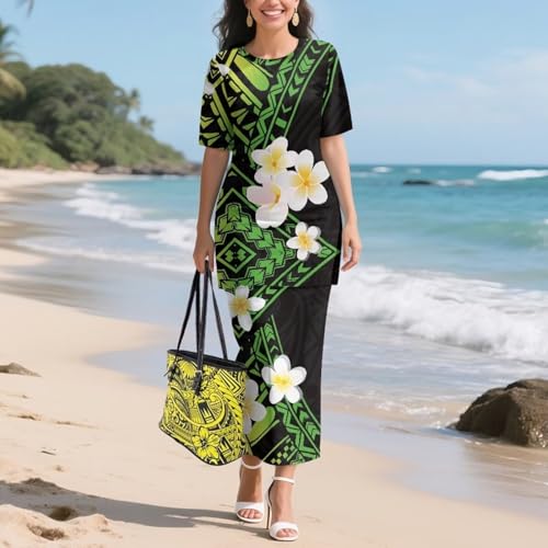 Image of Puletasi Samoan Traditional 2 Piece Outfits for Women Short Sleeve Crop Top and Maxi Skirt Sets Puletasi Dress