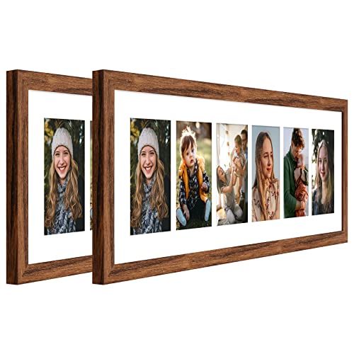 KSROECUD 8x26 Collage frame with 6 Openings 4X6 Pictures, Multiple Picture Frame with Mat, Wall or Tabletop Decor, Carbonized Brown Wood Grain,2 Pack