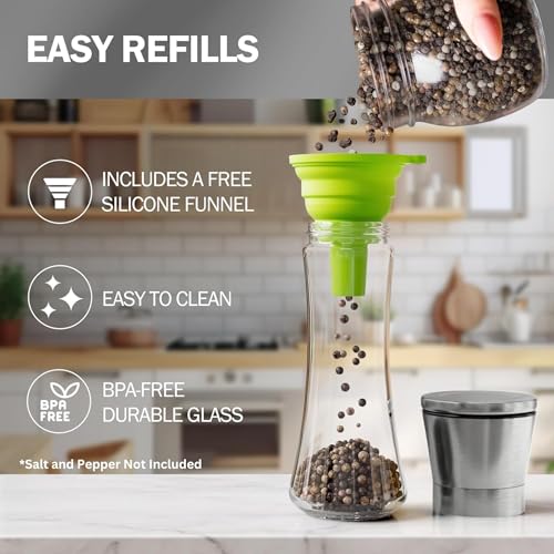 Image of Home EC Premium Stainless Steel Sea Salt and Pepper Grinder Set of 2 - Adjustable Ceramic - Tall Glass Salt and Pepper Shakers - Kitchen Spice Mill W /Funnel & EBook