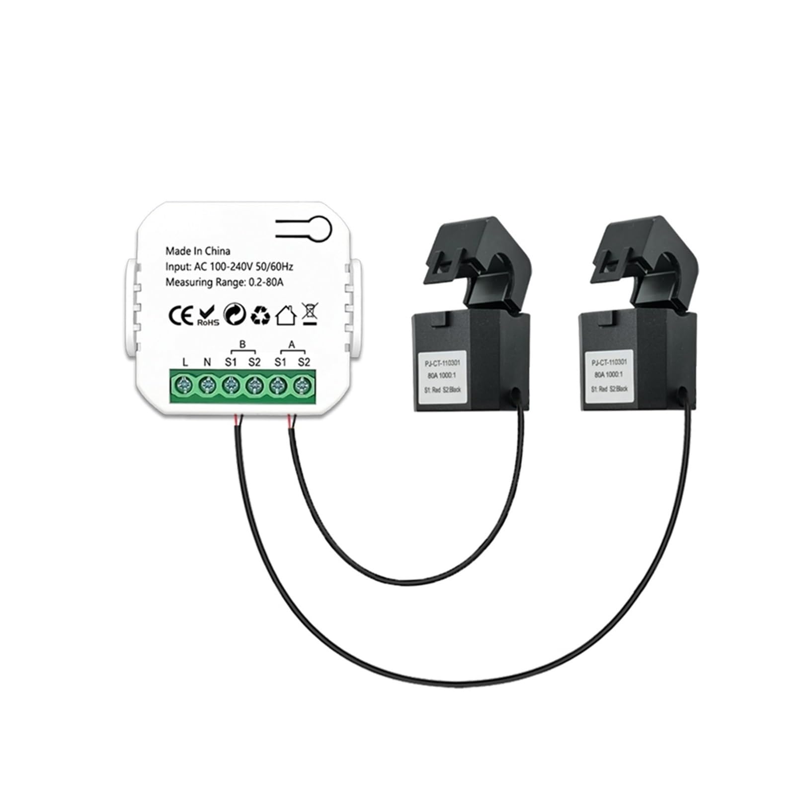 Disyuntor de energía, Medidor de energía Tuya 80A con CT Clamp App Kwh Monitor de Consumo de energía Estadísticas de Electricidad Monitor de Consumo de Electricidad(2 Channels-2CT)