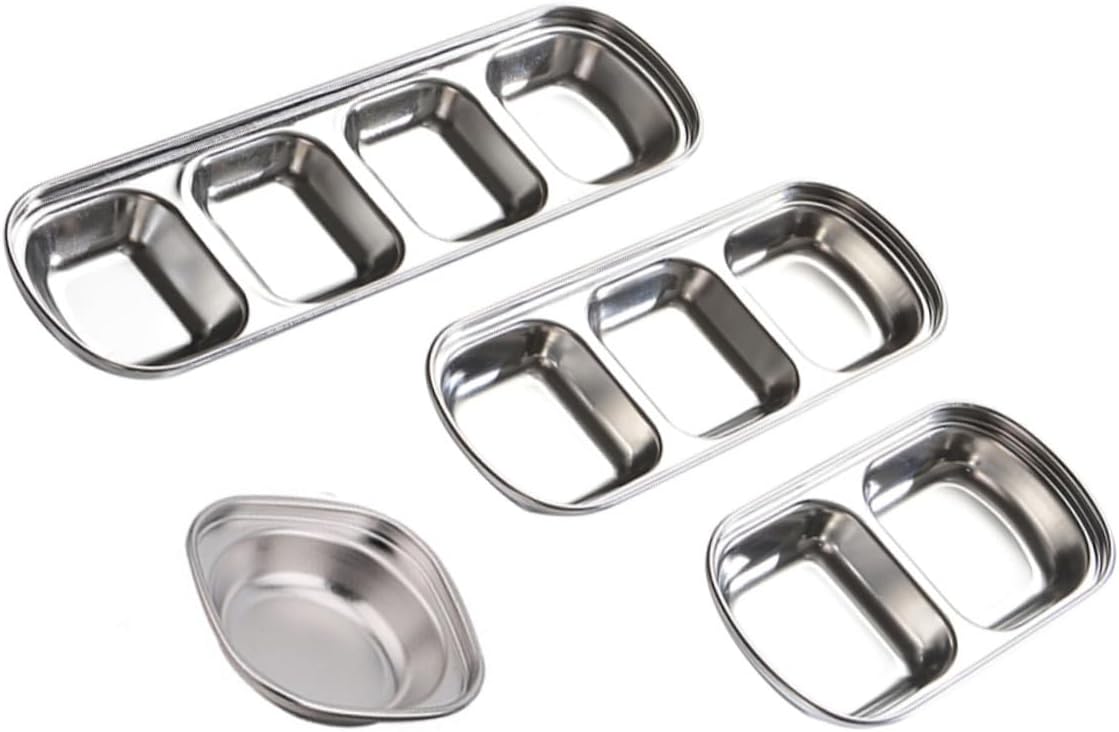 4pcs Stainless Steel Divided Dipping Plates Home Seasoning Dish for Sauces Vinegar and Condiments Compact Convenient Dipping Bowls for Restaurants and Catering