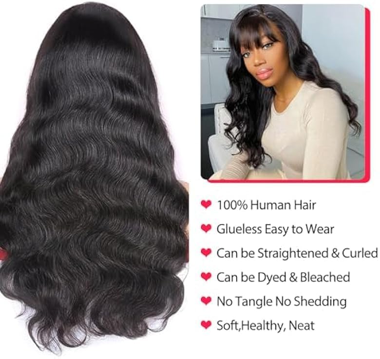 CORDELIA Body Wave Wigs with Bangs Human Hair Wigs for Black Women None Lace Front Wigs 150% Density Brazilian Virgin Hair Glueless Wig Natural Color (22inch)