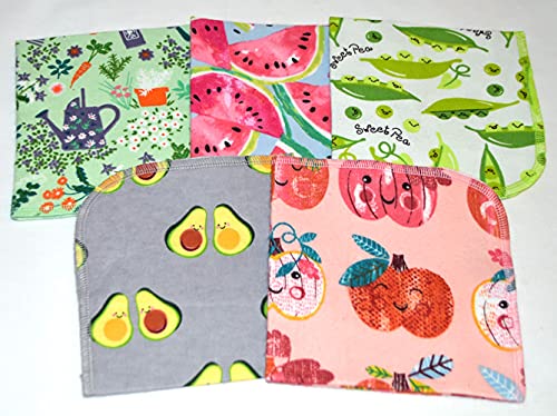 Gina's Soft Cloth Shop Farmers Market Printed Flannel Paperless Towels 1 Ply 12x12 Inches Set of 5- Proudly Made in the USA!