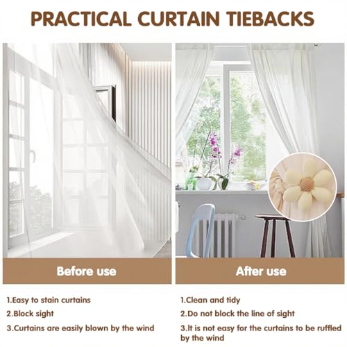 Image of HASTHIP 2Pcs Floral Curtain Tie Backs, Decorative Flower-Shaped Charm Holder Tiebacks with Ribbon, Drape Cute Fresh Style Curtain Accessories for Home Decoration