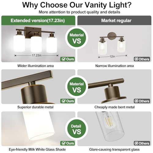 Image of 3-Light Bathroom Light Fixtures, Vanity Light with Milky White Shades, Oil-Rubbed Bronze Bathroom Light Fixtures Over Mirror, Modern Bathroom Wall Lamp for Mirror Living Room Cabinet Bedroom