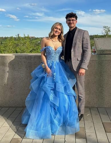 Off Shoulder Glitter Tulle Prom Dresses Ruffle Tiered Long Ball Gown Sweetheart Laces Appliques Princess Dress4