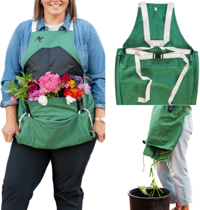 Miniatura 11 de Roo - Delantal de jardinería con bolsillos y cosecha, bolsa de recogida, ajustable, resistente al agua, lavable, lona de algodón