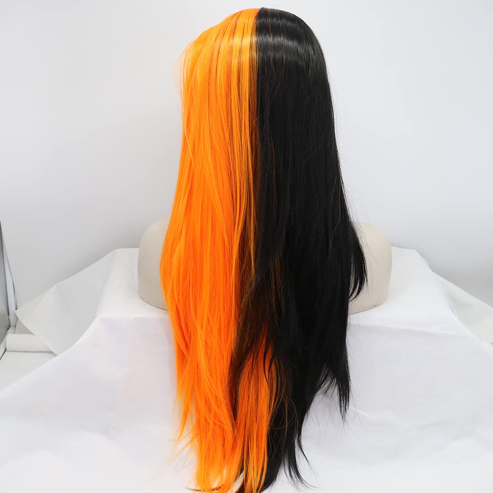 - 24” ORANGE & BLACK SPLIT DYE STRAIGHT LACEFRONT WIG 24” Orange & Black 2 Tone split dye straight lace front wig  main image 3