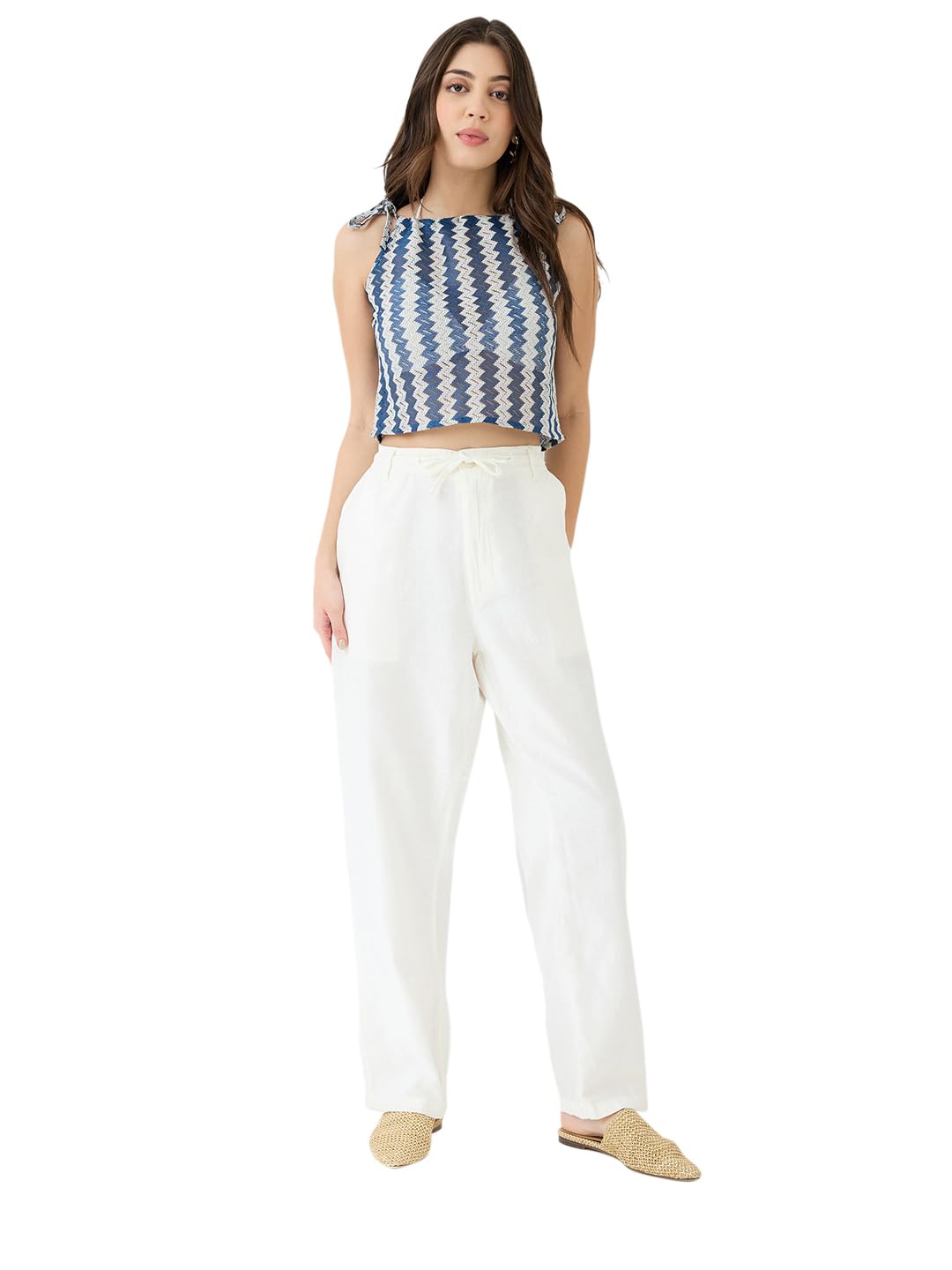 Women Tie-up Strappy Sleeve Chevron Pattern Crochet Crop Top-image-30
