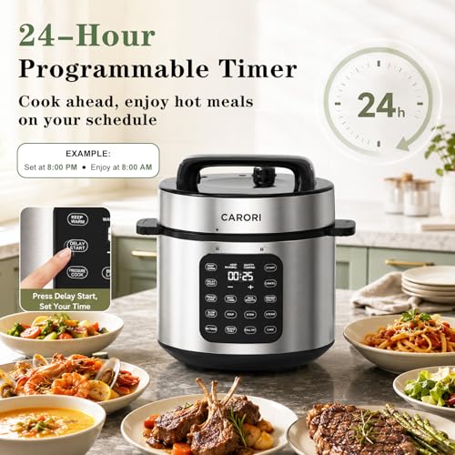 Image of CARORI 6 Qt Electric Pressure Cooker, 9-in-1 Multi-Cooker with IMD Touchscreen, 24H Delay Start, Nonstick Ceramic Pot, Rice Cooker, Slow Cooker, Steamer, Saute, Silver